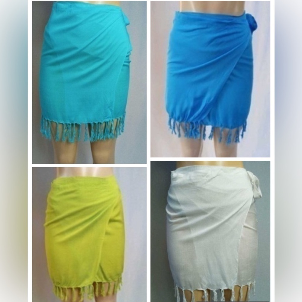 Zuliana Size Small Set of Four Fringe Sarongs in Blue, Green, White, and Teal